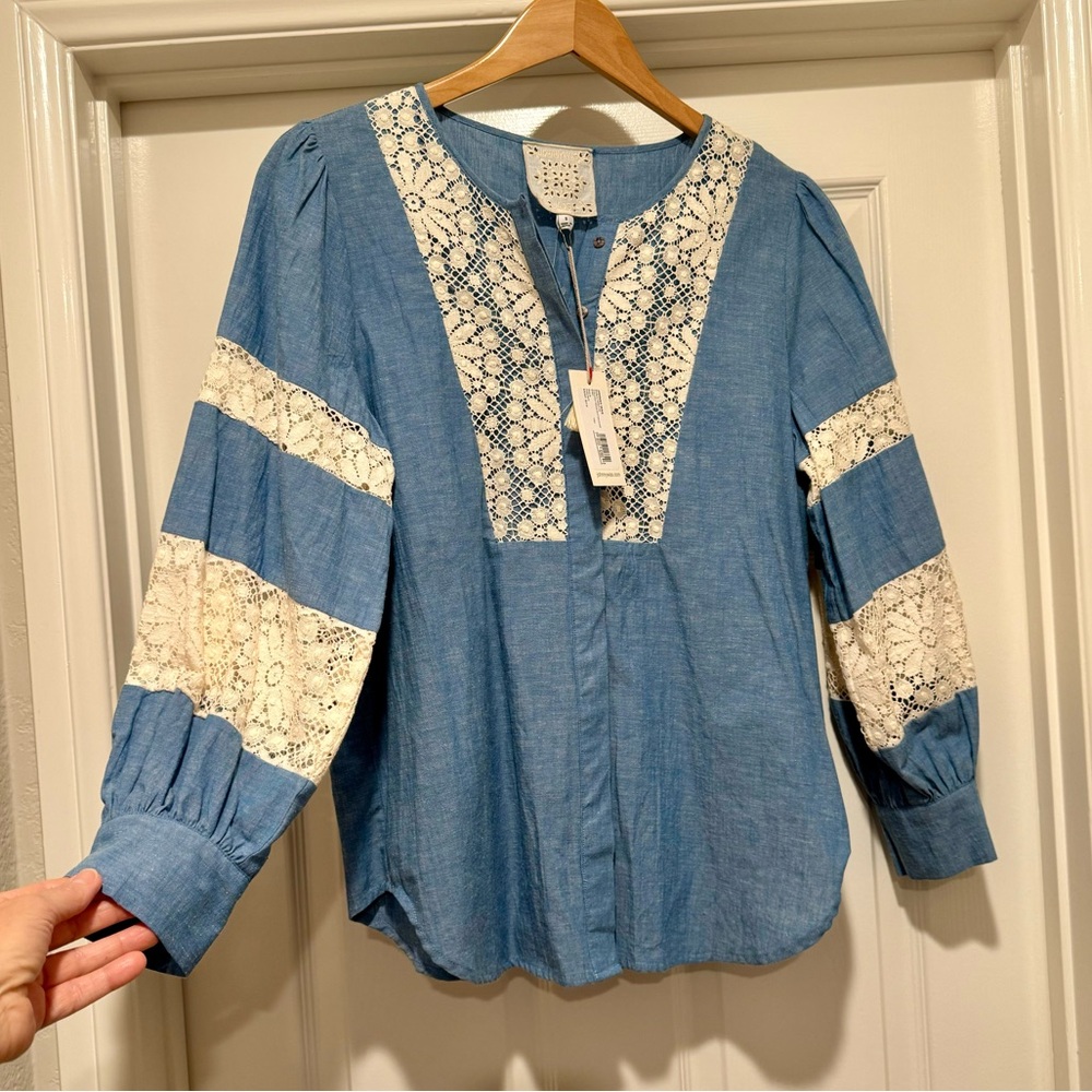 NWT Johnny Was $310 Thalassa Pieced Button Down Chambray Top Blouse Shirt Size S - Picture 5 of 16